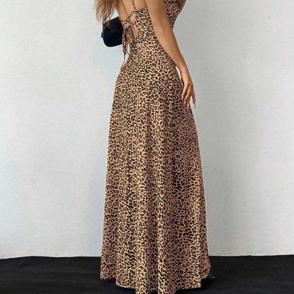 Multicolor Sexy Women's Leopard Print Backless Strappy Swing Dress - Picture 6 of 6